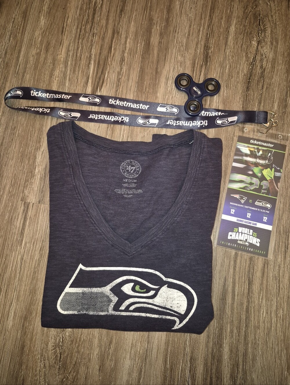 Seattle Seahawks Bundle Womens Med 47 Brand VNeck shirt, Fidget Spinner, lanyard